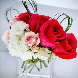 Red and pink roses with white carnations in a clear glass vase
