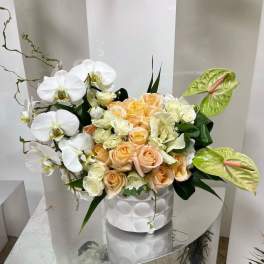White orchids and peach roses arranged in a white vase