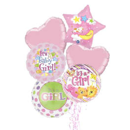 Cluster of pink baby girl balloons with heart and star shapes