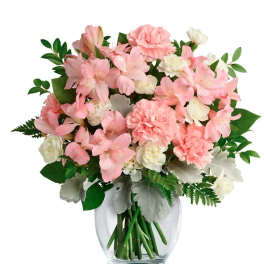 Pink and white mixed bouquet in a clear glass vase