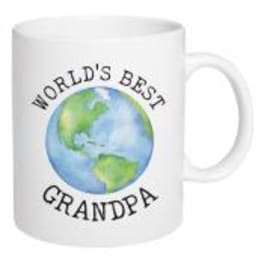 White mug with a globe graphic and the words World's Best Grandpa
