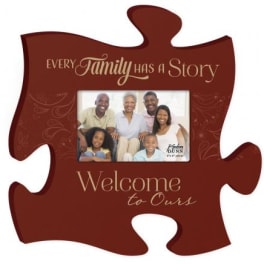 Puzzle-piece photo frame with family picture and welcome text