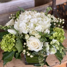White and green floral arrangement with roses and hydrangeas