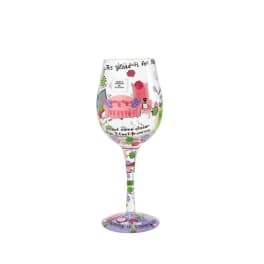 Decorated wine glass with colorful text and cartoon graphics