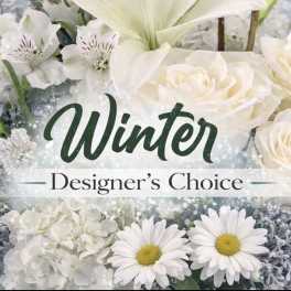 White roses and daisies with winter-themed text overlay