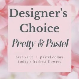 Pink floral background with a sign reading "Designer’s Choice Pretty & Pastel"