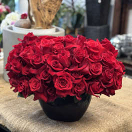 Low arrangement of many red roses densely packed in a glossy black bowl.
