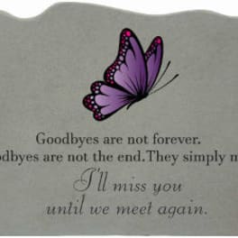 Gray memorial plaque with a purple butterfly and farewell quote