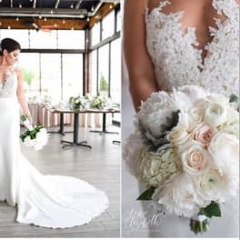 Bride holding a white wedding bouquet of roses and hydrangeas