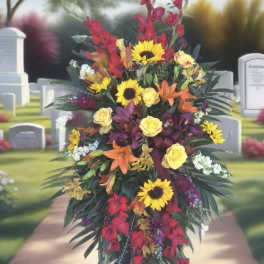 Tall standing funeral spray with sunflowers, roses, lilies, and red gladiolus