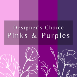 Graphic reading Designer's Choice Pinks & Purples on a pink and purple background