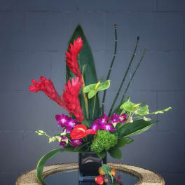 Tropical floral arrangement with red ginger, orchids, and anthurium in a black vase