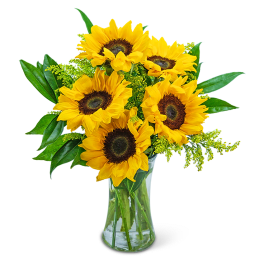 Bouquet of sunflowers in a clear glass vase