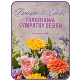 Traditional sympathy design with pink roses, orange and yellow daisies, and purple flowers