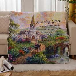 Quilted throw blanket with a church scene and "Amazing Grace" text