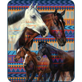 Decorative horse artwork with five horses against a colorful geometric background