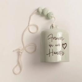 Pale green memorial ornament with hanging cord and "Forever in our Hearts" text