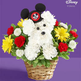 Mickey Mouse-shaped flower basket with white, red, and yellow blooms