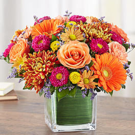 Colorful bouquet of roses, daisies, and mums in a square glass vase