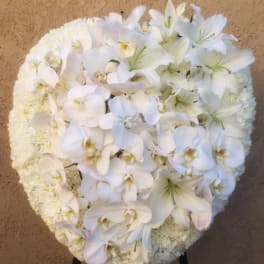 White orchid and lily funeral spray on a stand