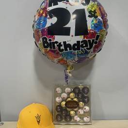Birthday balloon with chocolates and a yellow cap