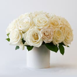 White rose bouquet in a white cylindrical vase