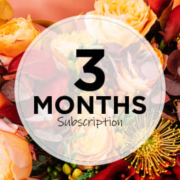 Mixed bouquet with peach and burgundy flowers and a "3 months subscription" label