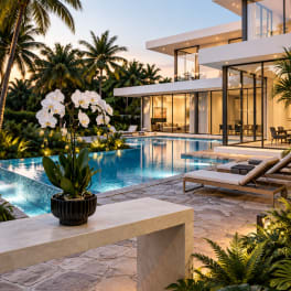 White orchids in a black pot beside a modern pool and house