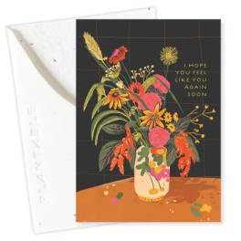 Floral greeting card with a vase of colorful flowers and a get-well message
