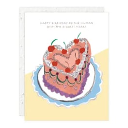 Birthday card with a decorated heart-shaped cake illustration