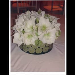 White amaryllis bouquet in a round vase with lime slices