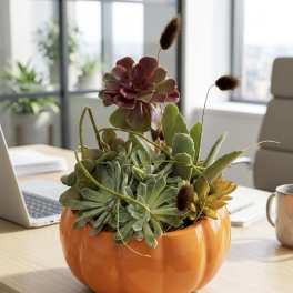 Succulent arrangement in an orange pumpkin-shaped pot on a desk