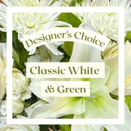 White flowers with green accents and the text "Classic White & Green"