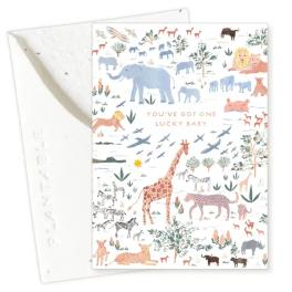 Safari-themed baby card with animals and the text 'You've got one lucky baby'