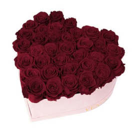Heart-shaped box filled with dark red roses