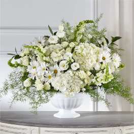 White floral arrangement in a white pedestal vase
