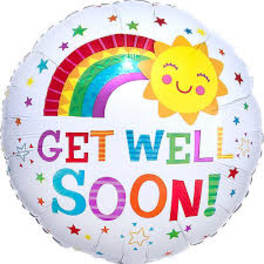 Round balloon with rainbow, sun, and "GET WELL SOON" text