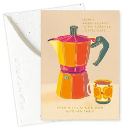Anniversary card with a colorful coffee pot and mug illustration