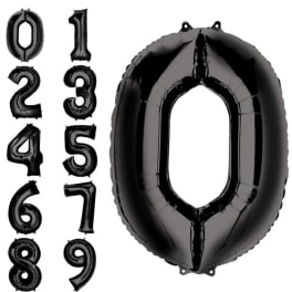 Black number-shaped foil balloons from 0 to 9, with a large 0 shown prominently