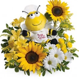 Sunflower bouquet with a bee plush toy and white daisies