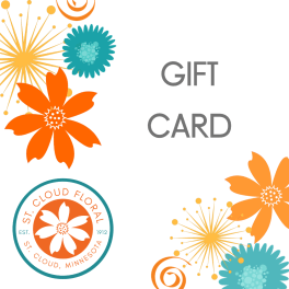 Gift card with colorful floral graphics and St. Cloud Floral logo
