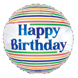 Round birthday balloon with rainbow stripes and blue text