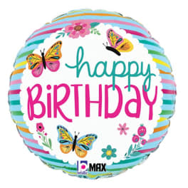 Round birthday balloon with butterflies and colorful stripes