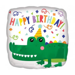 Birthday balloon with a green crocodile and colorful confetti