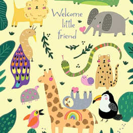 Animal-themed welcome card with colorful cartoon jungle animals