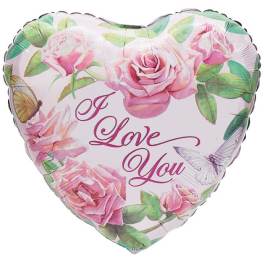 Heart-shaped balloon with pink roses and the words I Love You