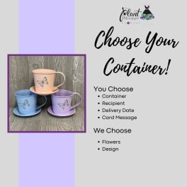 Pastel butterfly mugs and saucers displayed as container options