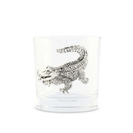 Clear glass tumbler with a silver crocodile design