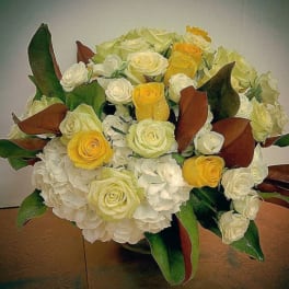 Bouquet of white and yellow roses with hydrangeas in a vase