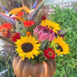 Mixed bouquet in a carved pumpkin vase with sunflowers and tropical blooms